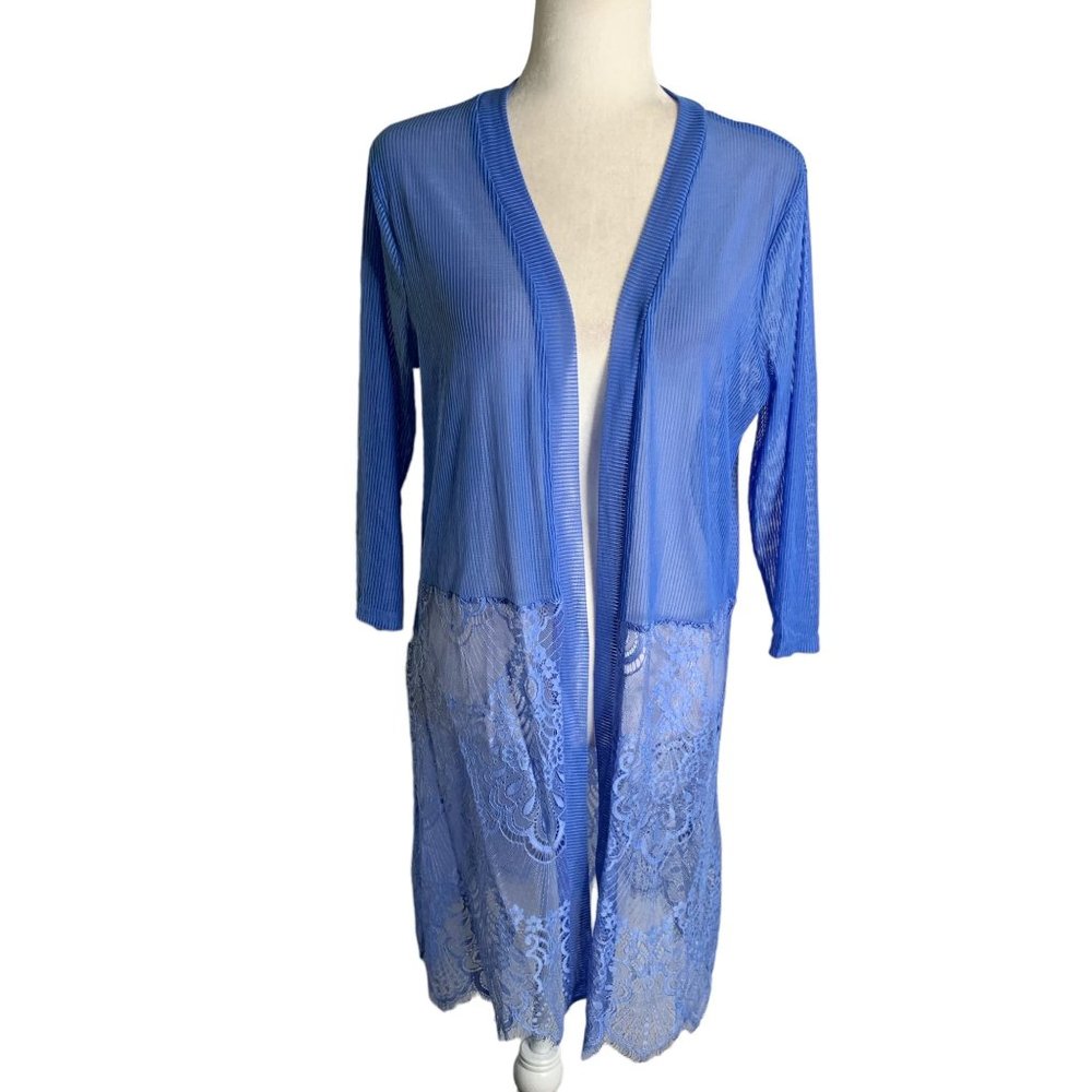 Simply Irresistible Open Front Cardigan Cover Up M Blue Ribbed Knit Eyelash Lace